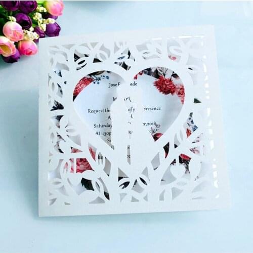 50 pieces/lot) Laser Cut Square Ivory Wedding Invitation Card Lovers In Heart Postcard Customized Engagement Invitations IC054