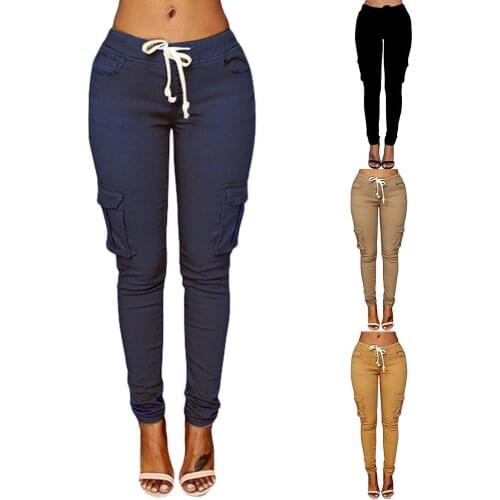 Pants woman high waist pants Solid Skinny Cargo Pants Pockets Drawstring Joggers Trousers Summer Leggings Casual Pencil Pants