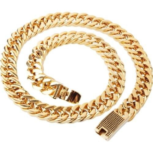 New Arrive 316L Stainless Steel Gold Tone Cuban Curb Chain Black Crystal Clasp Men Unisex Necklace Or Bracelet Bangle 7-40"