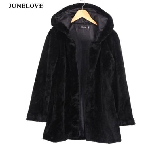 JuneLove Women Winter Warm Hooded Coat Jackets Vintage Faux Fur Female Loose Coat Casual Street Wear Lady Black Coat Outwears