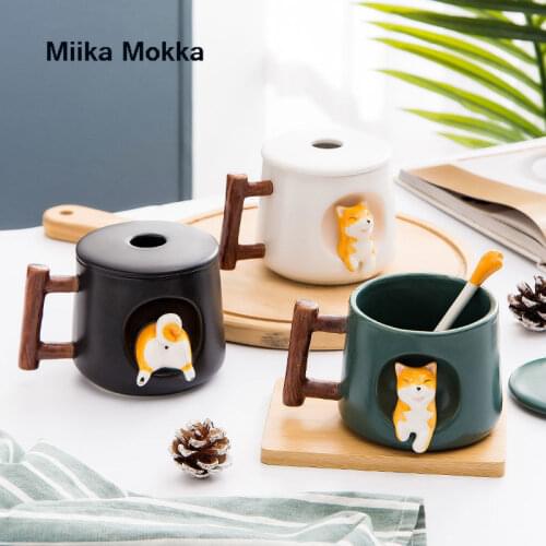 Ceramic Cup with Lid Spoon Cute Large Capacity Coffee Mug Personality Creative Shiba Couple Cup Student Gift Mug