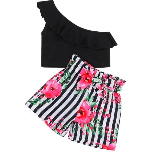 3-7Years Girls Clothes Set Solid Color Sleeveless Off-shoulder Cropped Tops + Floral Print Short Pants