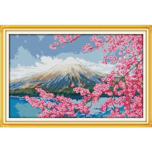 Joy sunday Cross Stitch kit Embroidery Needlework Sets Mount Fuji flower cross stitch pattern count printing White Canvas DIY