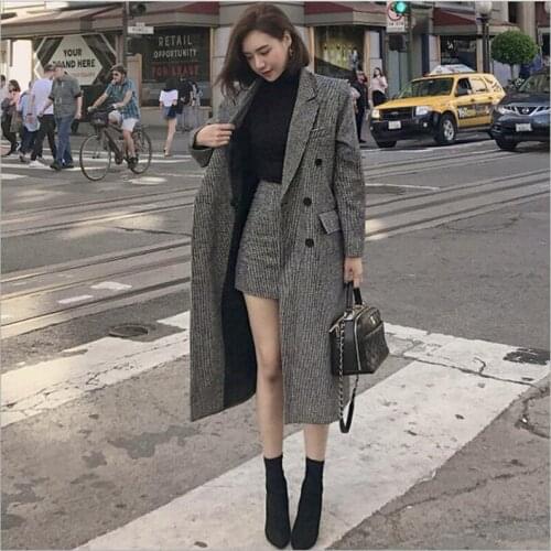 New Women Wool Blends Coat Winter 2019 Autumn Fashion Elegant lapel Plaid Slim Long Woolen Outerwear Female Two-piece suit Z307