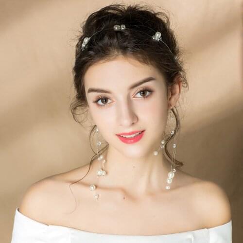 Simple Elegant Bridal Headdress Set Silver Alloy Beads Chain Headband Earring for Wedding Perform Studio Prop Daily Life O631