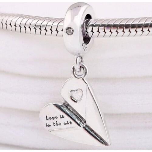 Original Heart Paper Plane Engraving Love Is In The Air Pendant Beads Fit 925 Sterling Silver Charm Bracelet Diy Jewelry