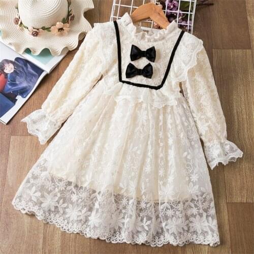 Autumn/Winter Lace Princess Dress For Girl Bow Long Flower Sleeve Tutu Costume For Children Birthday Wedding Party Cloth For Kid