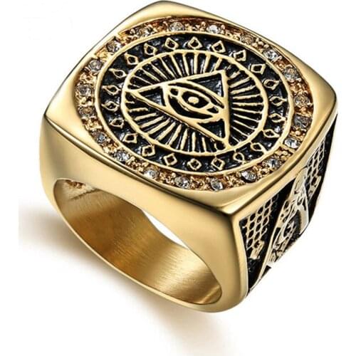 Punk Masonic Rings For Men Gold Color Stainless Steel Square Rhinestone Ring AG Freemason Vintage Classic Jewelry Dropshipping