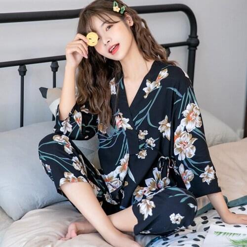 Pajamas Womens Cotton Spring Summer Sleepwear Set Sexy Sling Three-Piece Kimono Outer Wear Home Suit New Pijama Mujer 2021