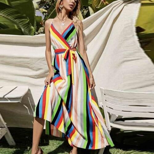 Women Long Dress Retro Colorful Striped Print Deep V Neck Wrap Sleeveless Sling Loose Sexy Spring Summer Dress