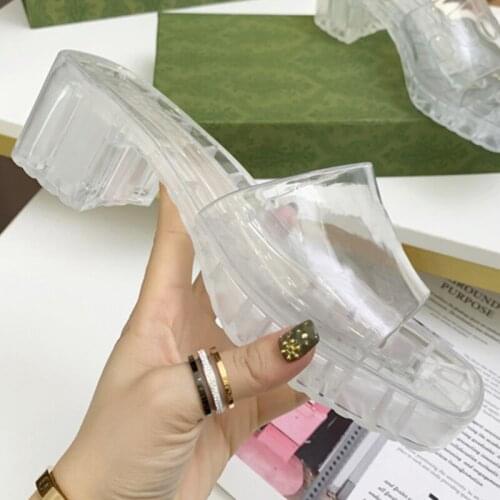 Transparent New Women Sliders Platform Jelly Shoes Open Toe Square Chunky Heels Fashion Big Size PVC Beach Shoes Women Slippers