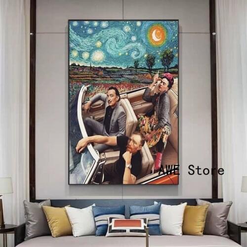 Funny Character Art Blue Starry Van Gogh Driving Posters and Prints Canvas Paintings Wall Art Pictures for Living Room Decor
