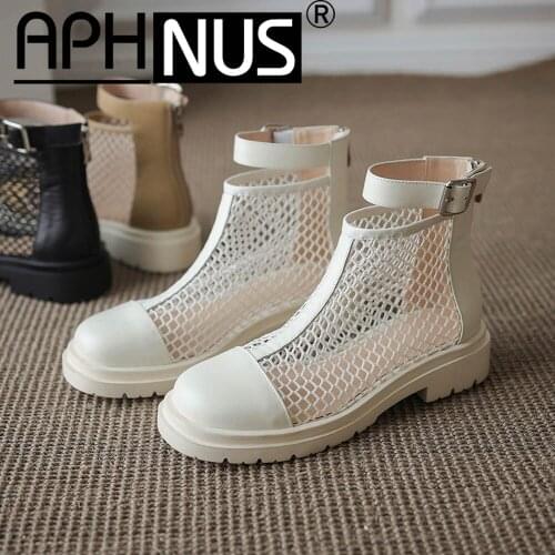 APHNUS Womens Boots Sexy Cut Outs Low Mid Heels Pumps Flats Cow Leather Woman 2021 Shoes For Women New Ankle Wrap