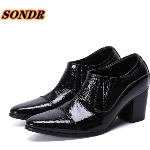 British Style Men High Heels Genuine Leather Shoes Black Pointed Toe Snake Skin Slip On For Men Dress Shoes Zapatilla hombre