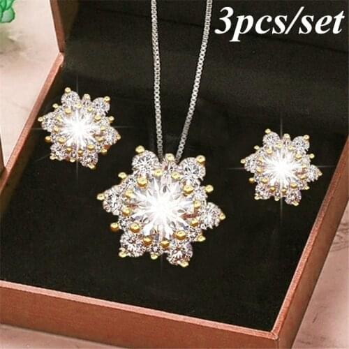 Creative Inlaid Zircon Snowflake Necklace and Earring Set Christmas Necklace Set Pendant Necklace, Valentines Day Prom