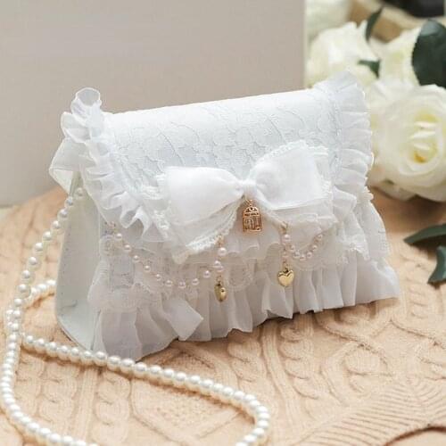 Japanese Sweet Lolita Fairy Handbags Girly Elegant Lace Ruffles Bow Pearl Chain JK Messenger Bag Women Cute Cosplay Shoulder Bag