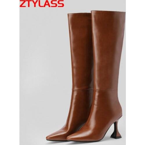 2021 Autumn Winter Women Knee High Boots Fashion Slip On Strange Style Westren Boots Pointed Toe PU Leather Ladies Boots 42 43