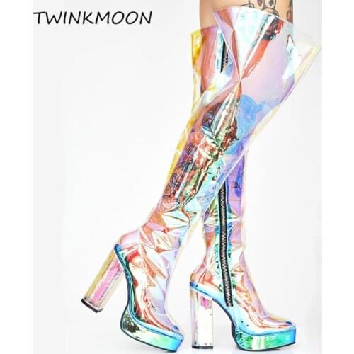 Clear Thigh High Boots Platform Holographic Transparent High Heels Shoes Women Over The Knee Boots Sexy Runway Fashion