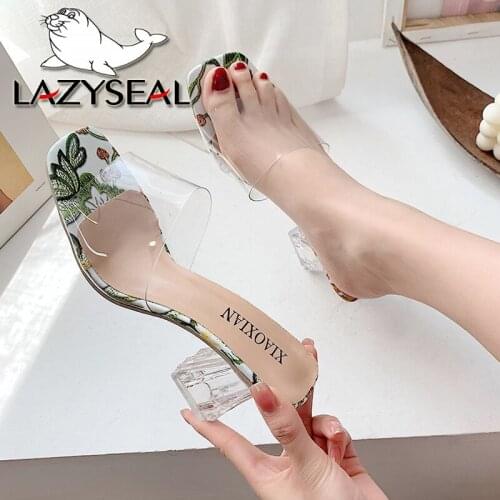 LazySeal 6.5cm Transparent Square Heel Flower Shoes For Women Slippers High Heel Pumps New Summer Slides Beach Cool Dress Shoes