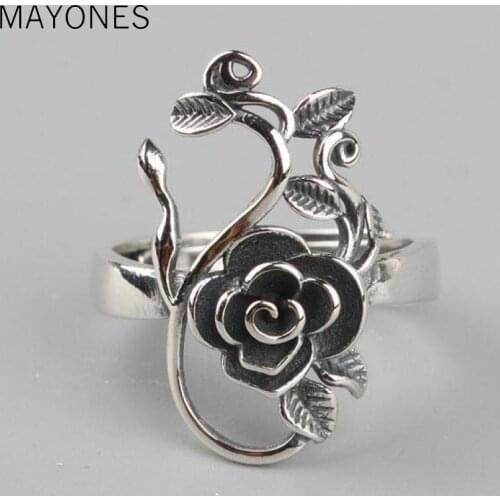 Vintage Real Pure 925 Sterling Silver Branches Rose Flowers Rings For Women Thai Silver Adjustable Elegant Jewelry Ring