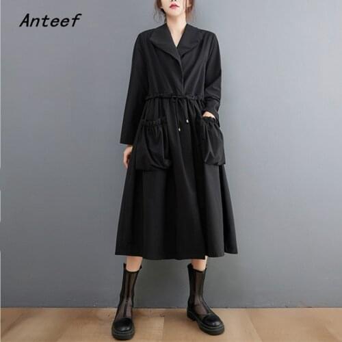 Anteef long sleeve plus size black vintage dresses for women casual loose spring autumn dress elegant clothing 2021
