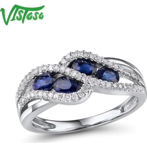 VISTOSO Gold Rings For Women Genuine 14K 585 White Gold Ring Sparkling Diamond Natural Blue Sapphire Luxury Trendy Fine Jewelry