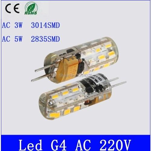 10pcs/lot CREE chip AC 220V 10-20V 3W 5W Silica gel led G4 light 24 leds SMD3014 NON-POLAR for chandelier lamp