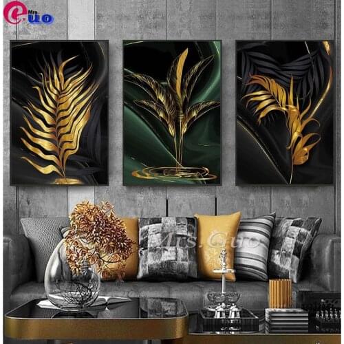 3pcs DIY 5D Diamond Painting Leaves Gold Wall Art Decor Cross Stitch Mosaic Kit Embroidery Rhinestones Full Square Round Drill