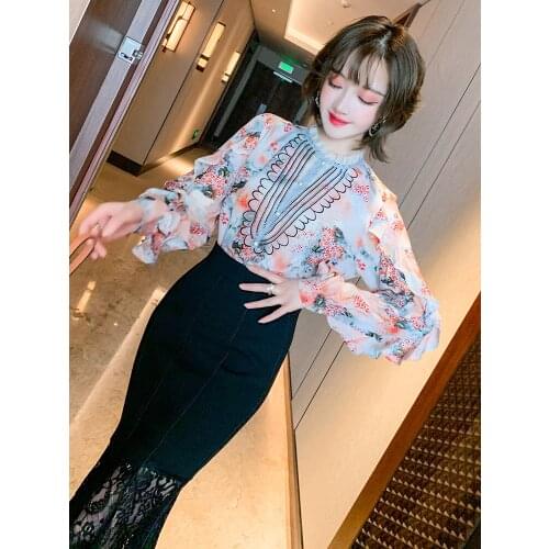 Auricular lace collar with ruffle vintage print versatile shirt 2021 Spring new High Quality Top Quality