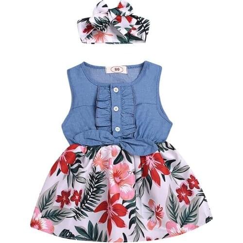 Kids Baby Girl Dress Sleeveless Knot Denim Round Neck Floral Dresses + Headband Summer Sweet Outfits 1-6T