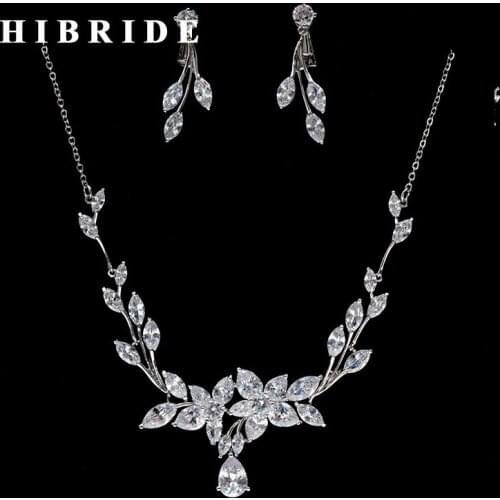 HIBRIDE Luxury Leaf Shape Crystal Wedding Jewelry Sets for Brides Women Wedding Jewelry Accessory Prom Wedding Set Bijoux N-243