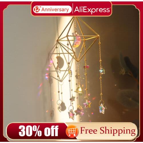 Crystal Wind Chime Star Moon Sun Catchers Prisms Pendant Dream catcher Plated Hanging Drop for Outdoor Indoor Garden Windchimes