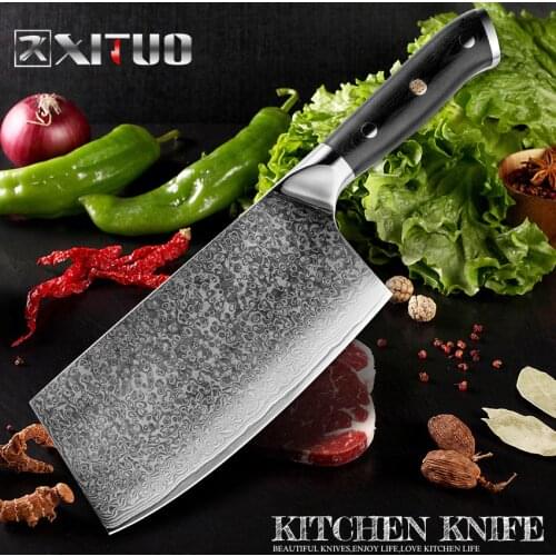 XITUO Butcher kitchen Knife Damascus Steel Chopping Knife Chinese Cleaver Chef Slicing utility knife Cooking Tool and G10 handle