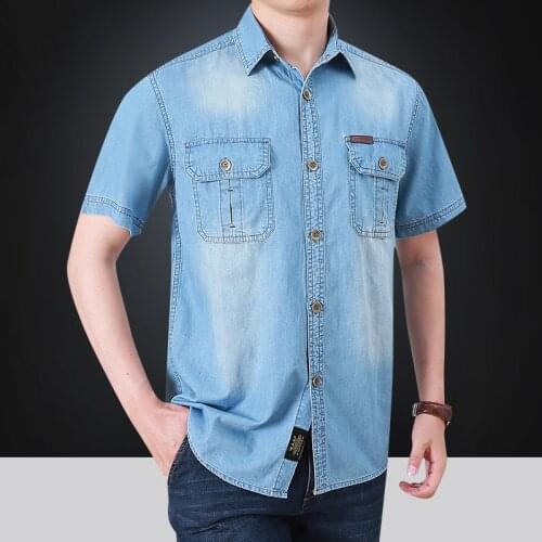 Summer Denim Shirt Men Military Casual Short Sleeve 95%cotton Button Up Shirt Camisa Masculina Jeans Shirt Camisas Para Hombre
