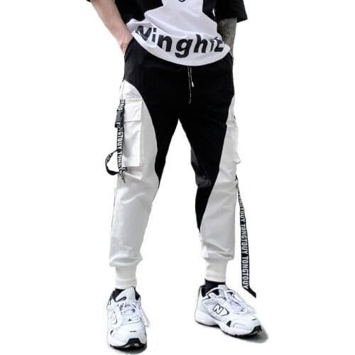 2021 New Hot Color Patchwork Ribbons Mens Jogger Cargo Pants Fashion Casual Skinny Fit Sweatpants Streetwear Male Trousers
