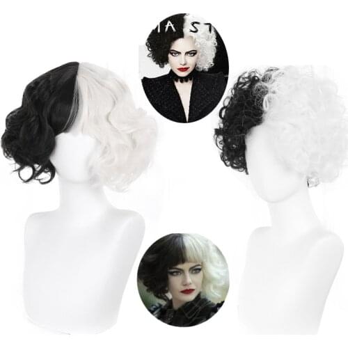 Movie 2 Styles Evil Women Cosplay Wig Half Black and White Curly Hair Bad Girl Hair Synthetic Hair + Wig Cap Halloween Party