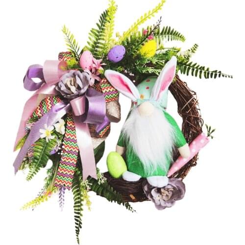 Easter Bunny Gnome Wreath Beautiful Rattan Fern Garland Door Window Hanging Rabbit Egg Gnome Pendant