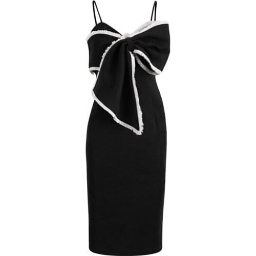PERHAPS U Women Summer Elegant Sexy Club Black Asymmetrical Bow Camisole Strap V-Neck Sheath Short Dress D3043