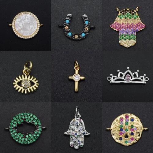 Fabulous Diy Hamsa Hand CZ Charms Wholesale Cross Necklace Pendant Zircon Crown Connector For Jewelry Virgin Mary Making