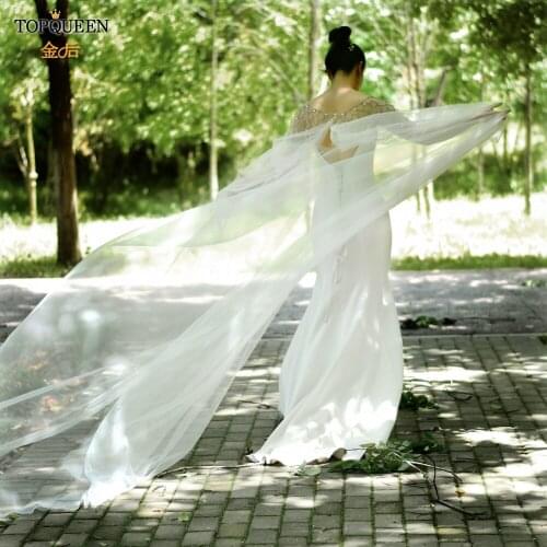 TOPQUEEN G14T Cathedral Long Bridal Shawl Tulle Diamond Appliqued Wedding Wrap Cloak Cape with Rhinestones Vintage Tassels