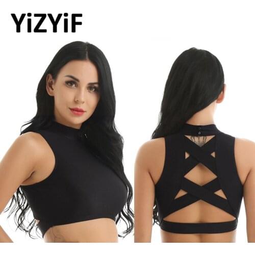 Top Sport shirt women fitness Top Gym Yoga top Mock Neck Sleeveless Strappy Back Criss Cross Crop Top Sport Top Gymnastics
