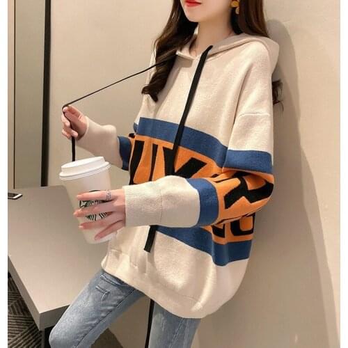 Knitted hooded pullover womens 2021 new spring and autumn Korean style loose casual western temperament all-match top