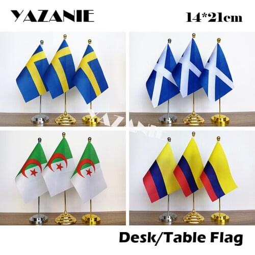 YAZANIE 14*21cm Sweden Scotland Office Desk Flag Algeria Table Flag with Golden Metal Base Colombia Polyester Custom Hand Flags