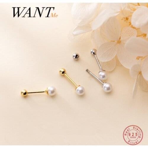 WANTME Genuine 925 Sterling Silver Round Pearl Bead Small Stud Earrings for Women Fashion Chic Teen Birthday Party Jewelry Gift