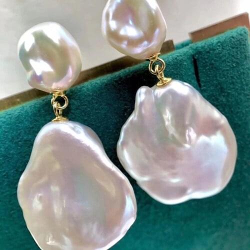 S925 silver Large baroque natural white real pearl from sweet water oyster anti allergy safe pin women dangle chic Earrings