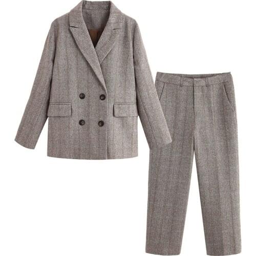 Spring, autumn and winter new striped woolen small suit womens double-breasted loose casual temperament woolen suit suit TB1902