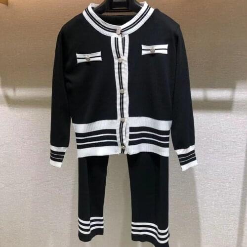 Small Fragrance Winter Womens Warm Knitted Pullover Sweater Two-Piece Suits + High Waist Loose Wide Leg Pants Set