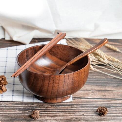 1/4Pcs Japanese Wooden Bowl Natural Thicken Jujube Wood Bowl Set Wooden Spoon Chopsticks and Box Fruit Salad Noodle Rice Soup