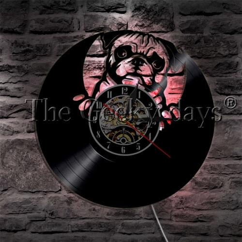 English Bulldog Pug Dog Animal LED Night Light Vinyl Record Wall Clock British Dog Breeds Pet Puppy LED Wall Lighting