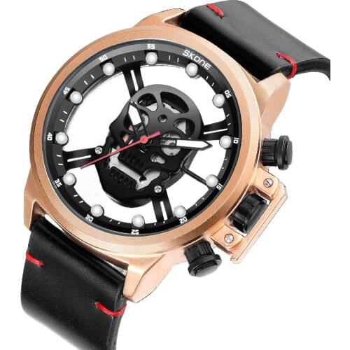 Watch SKONE Male Unique Design Transparent Skull Watches Men Luxury Brand Quartz Military Leather Wrist Watch Relogio Masculino